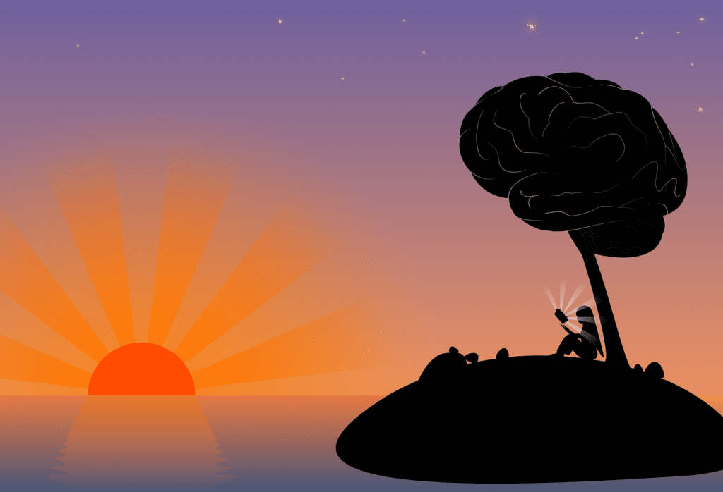 silhouette of a women reading fantastic fiction on an island during sunset