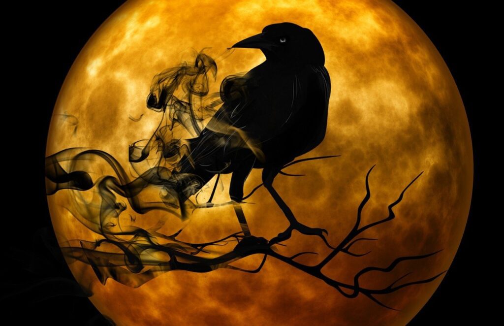 crow sitting on branch in front of full moon depicted on cover of a free horror ebook