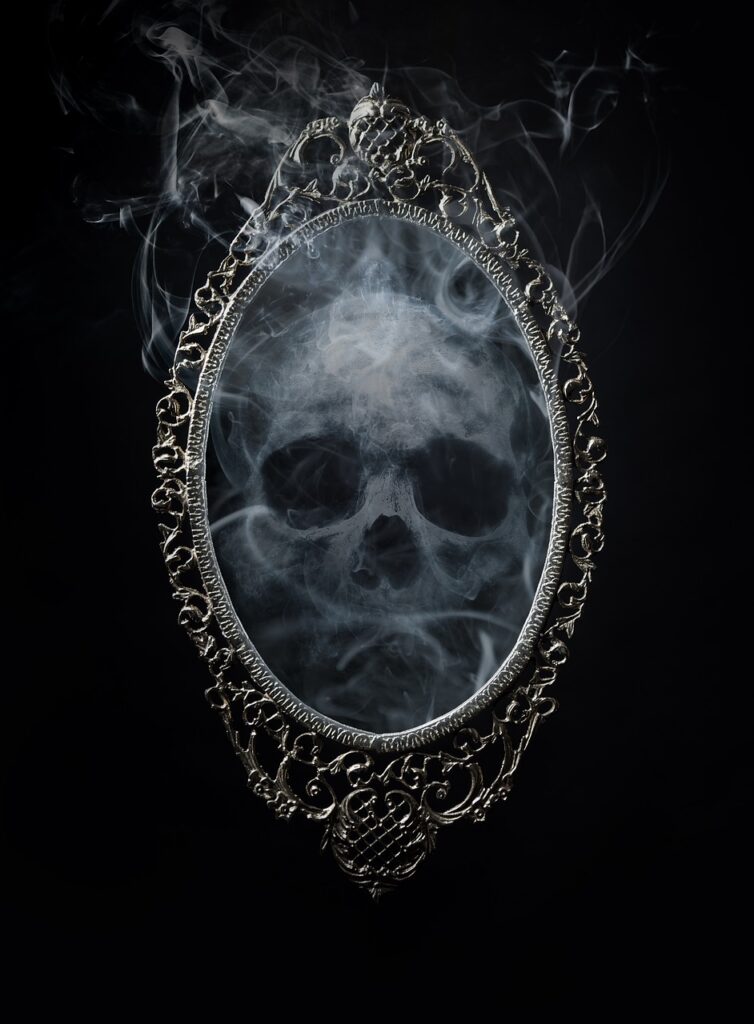 a flash fiction horror of a skull displayed in a mirror