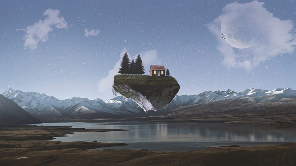 home on a floating island in a fantasy world