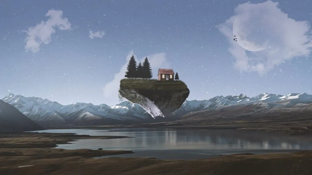 a house on a floating island in a fantasy world