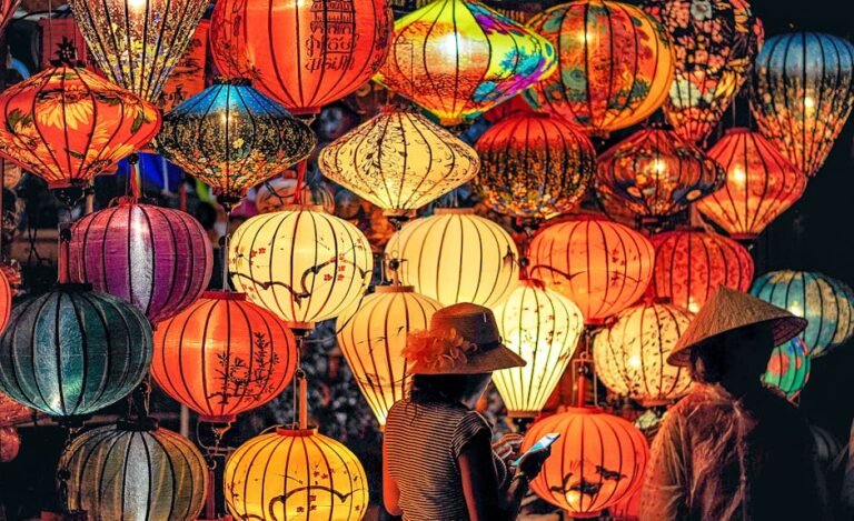 Vibrant lanterns light up the night during a traditional Asian celebration.