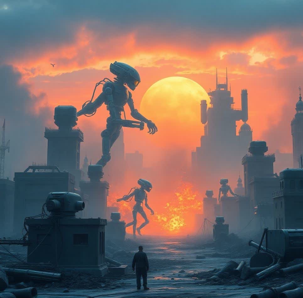 city being destroyed by giant artificial intelligence robots as lone man watches during sunset