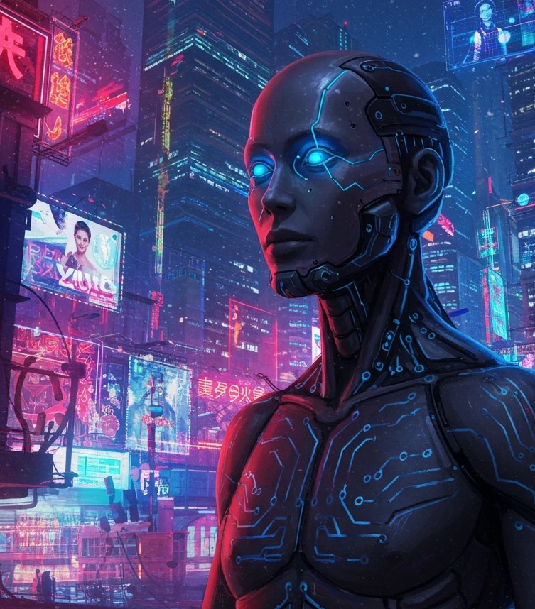 artificial intelligence in a robot humanoid shell in a neon futuristic city