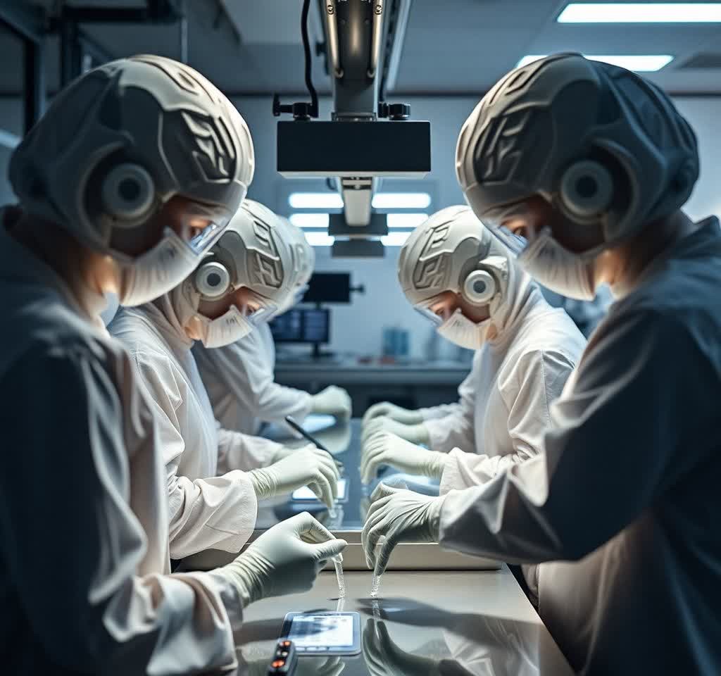 six human scientists working in a clone engineering lab with white lab suits on