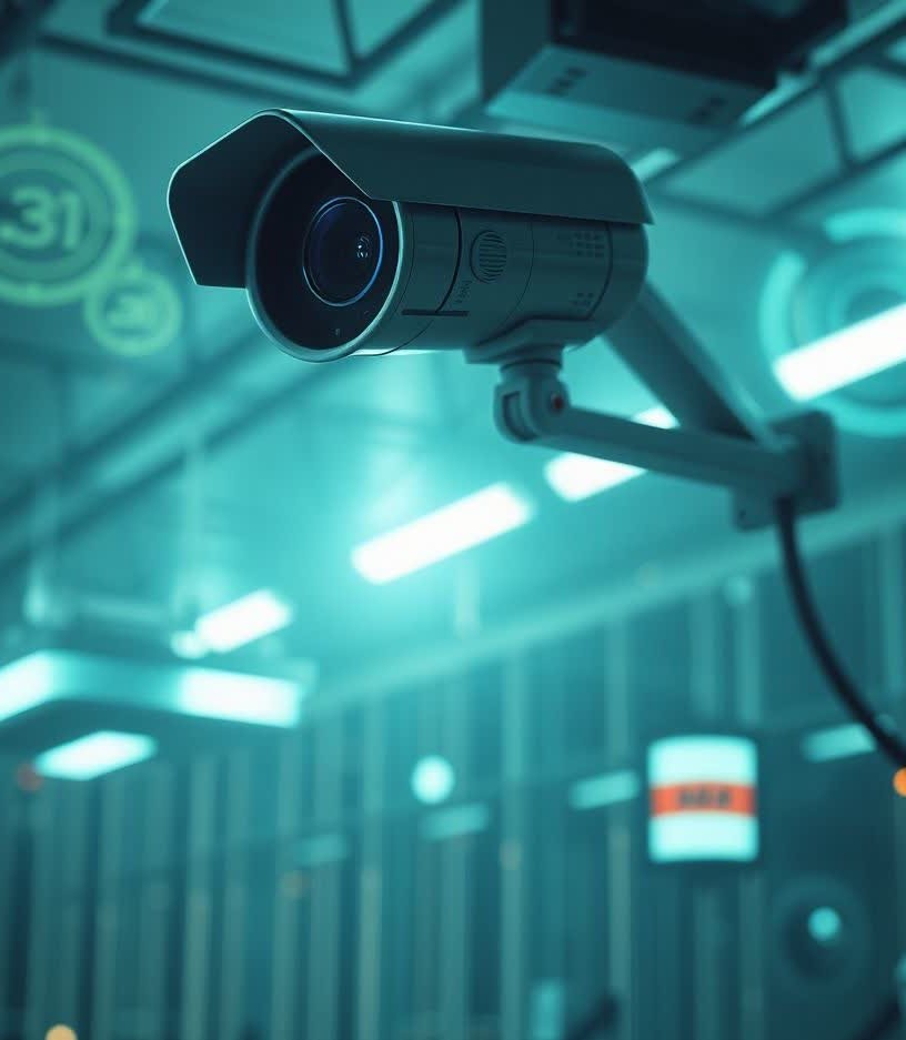 a cctv camera in a server room to depict surveillance and autonomy as an ai sci fi theme