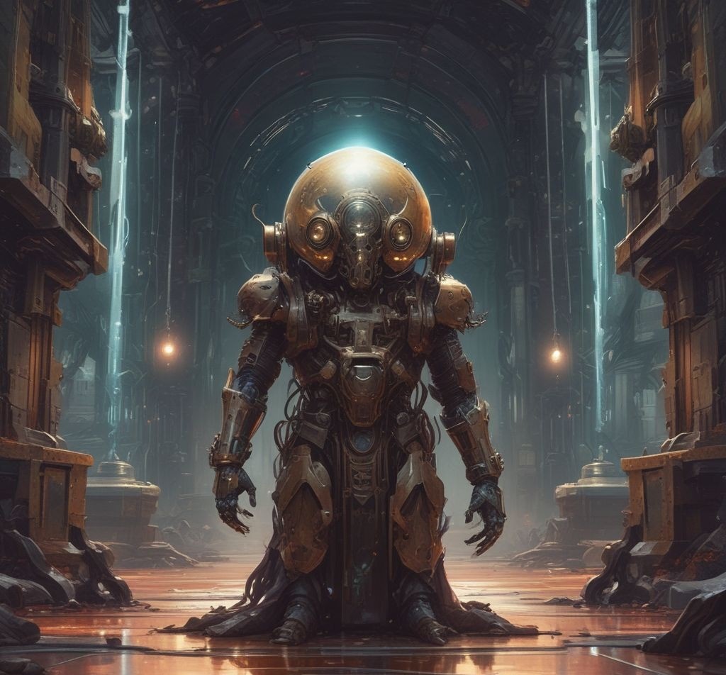 an ai overlord with a huge robotic body in a futuristic tomb