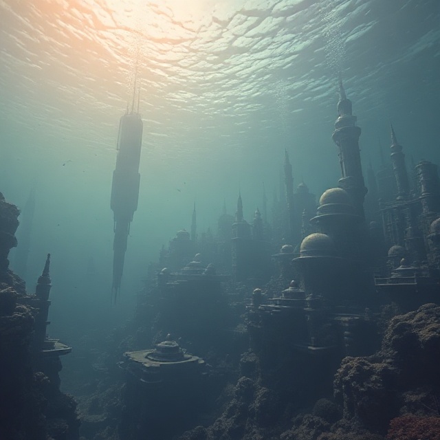 a futuristic underwater city with spires and large buildings