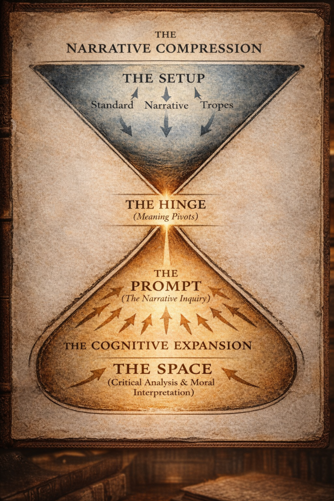 A structural diagram on vintage book parchment illustrating the architecture of a micro story. It uses an hourglass shape: The top funnel (blue, titled 'THE NARRATIVE COMPRESSION') features 'THE SETUP' with 'Standard Narrative Tropes.' The central pivot (golden light, titled 'THE HINGE - Meaning Pivots') is where the story turns. The bottom funnel (warm, titled 'THE COGNITIVE EXPANSION') features 'THE PROMPT (The Narrative Inquiry)' with outward arrows leading to 'THE SPACE (Critical Analysis & Moral Interpretation).'